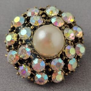 Vintage Rhinestone Brooch Faux Pearl 1.1" Gold Tone Aurora Borealis Gift Box